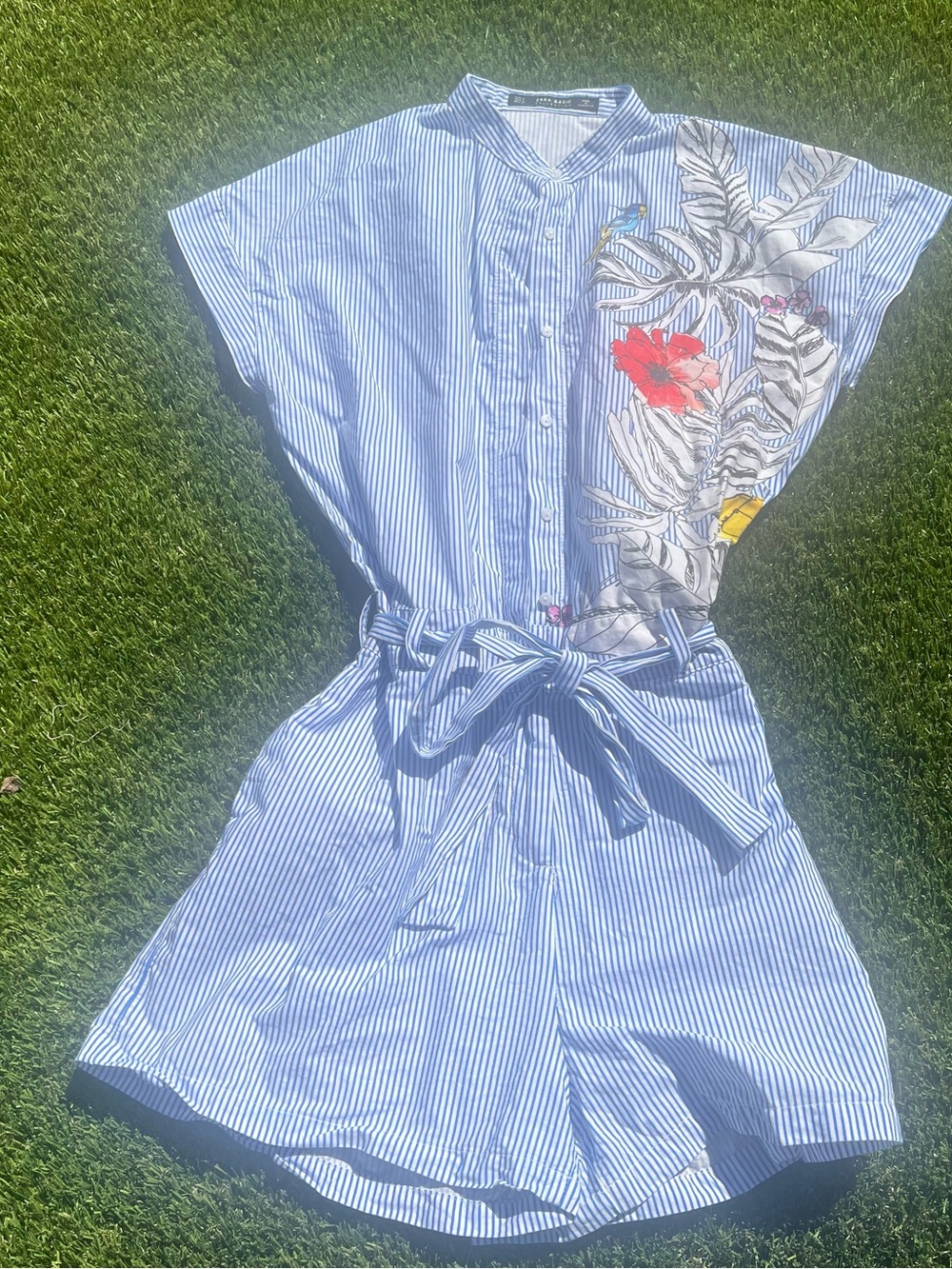 Zara Blue and White Striped Floral Romper - Picture 4 of 9